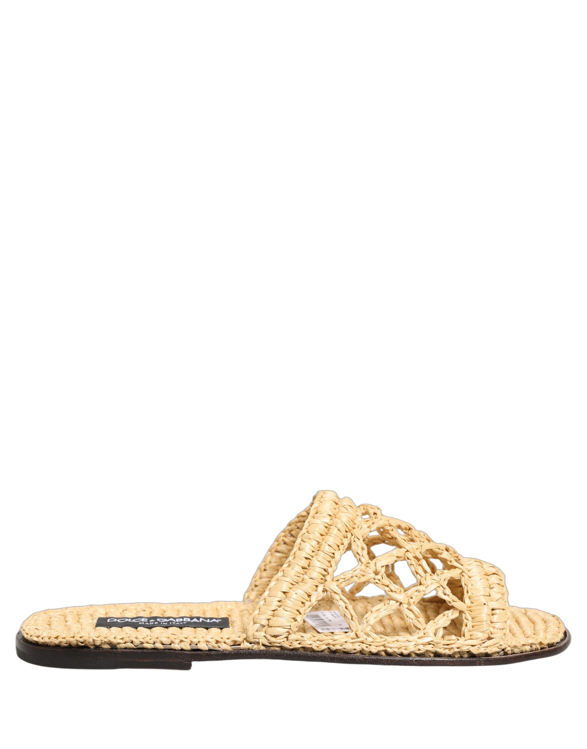 Dolce & Gabbana Beige Straw Raffia Slides Sandals Flats Shoes - Image 2
