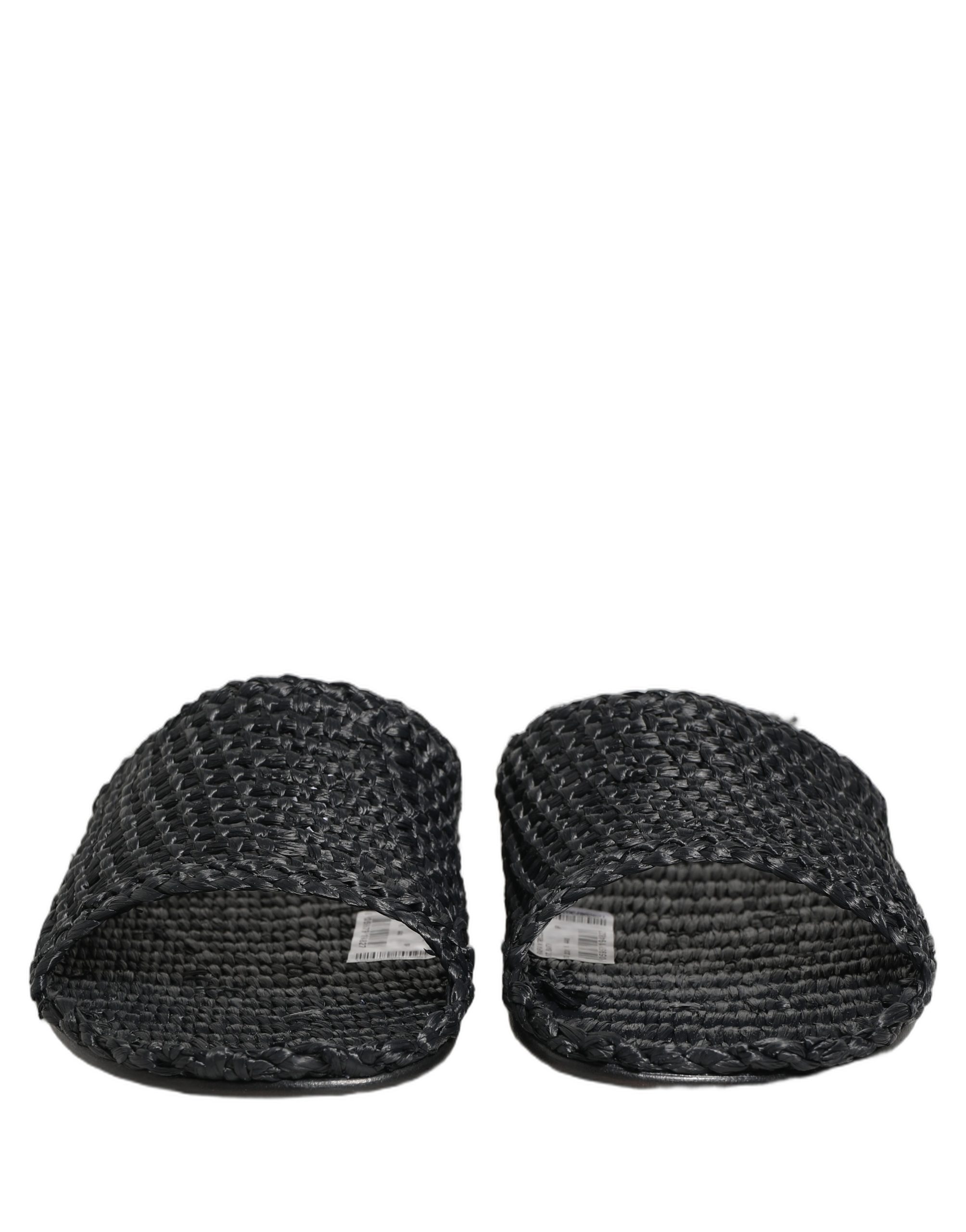 Dolce & Gabbana Black Straw Raffia Slides Sandals Flats Shoes - Image 3