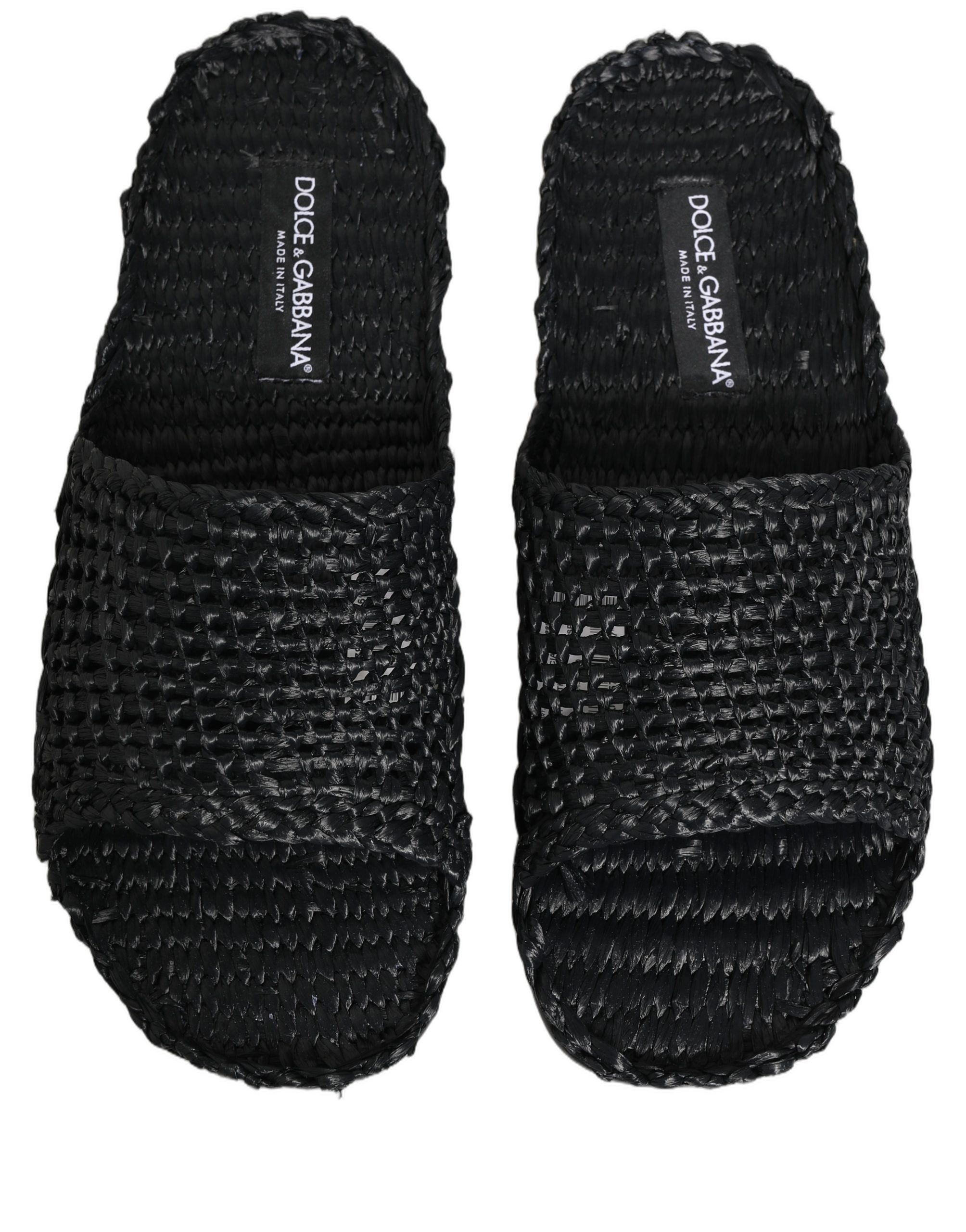 Dolce & Gabbana Black Straw Raffia Slides Sandals Flats Shoes - Image 4