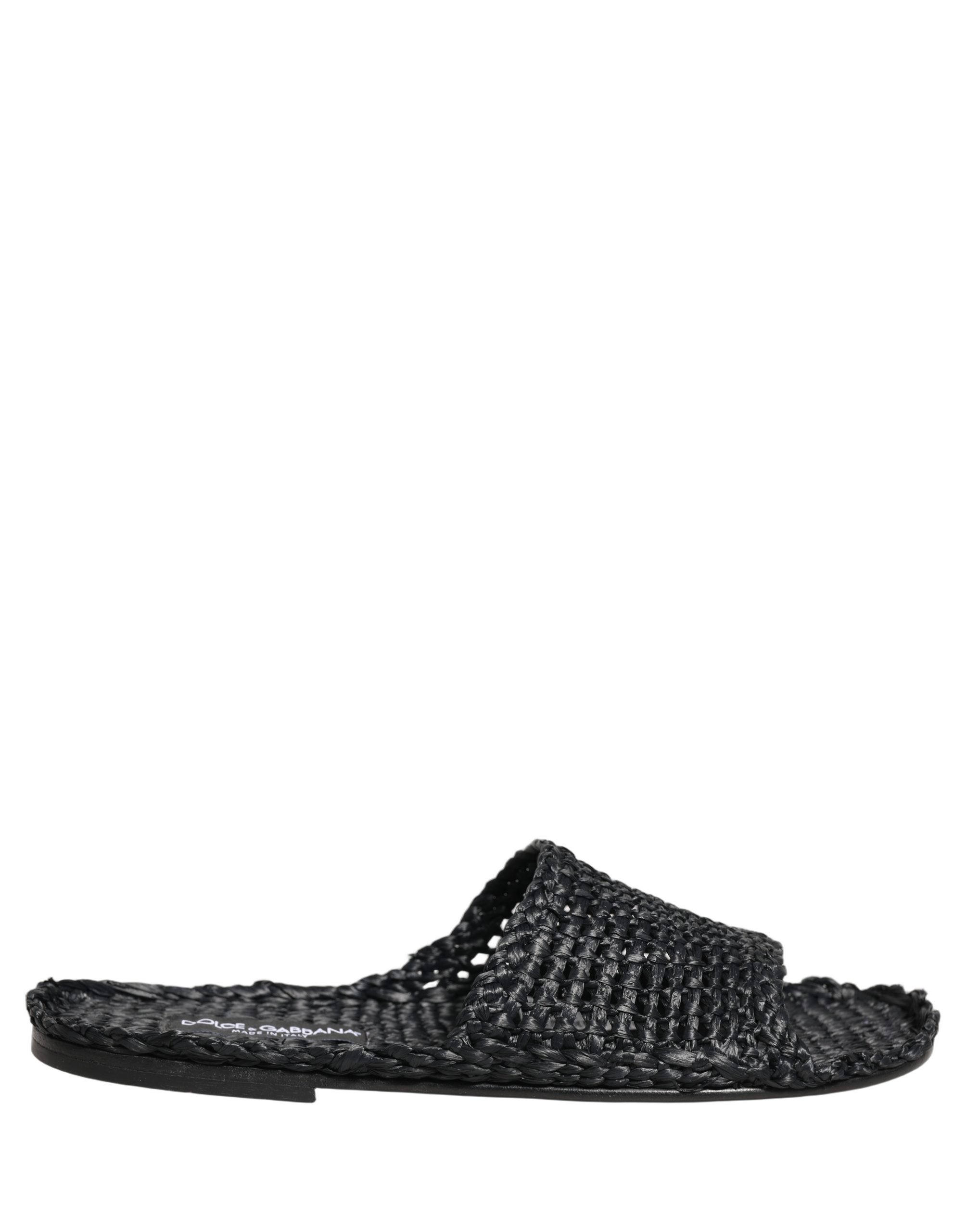 Dolce & Gabbana Black Straw Raffia Slides Sandals Flats Shoes - Image 2