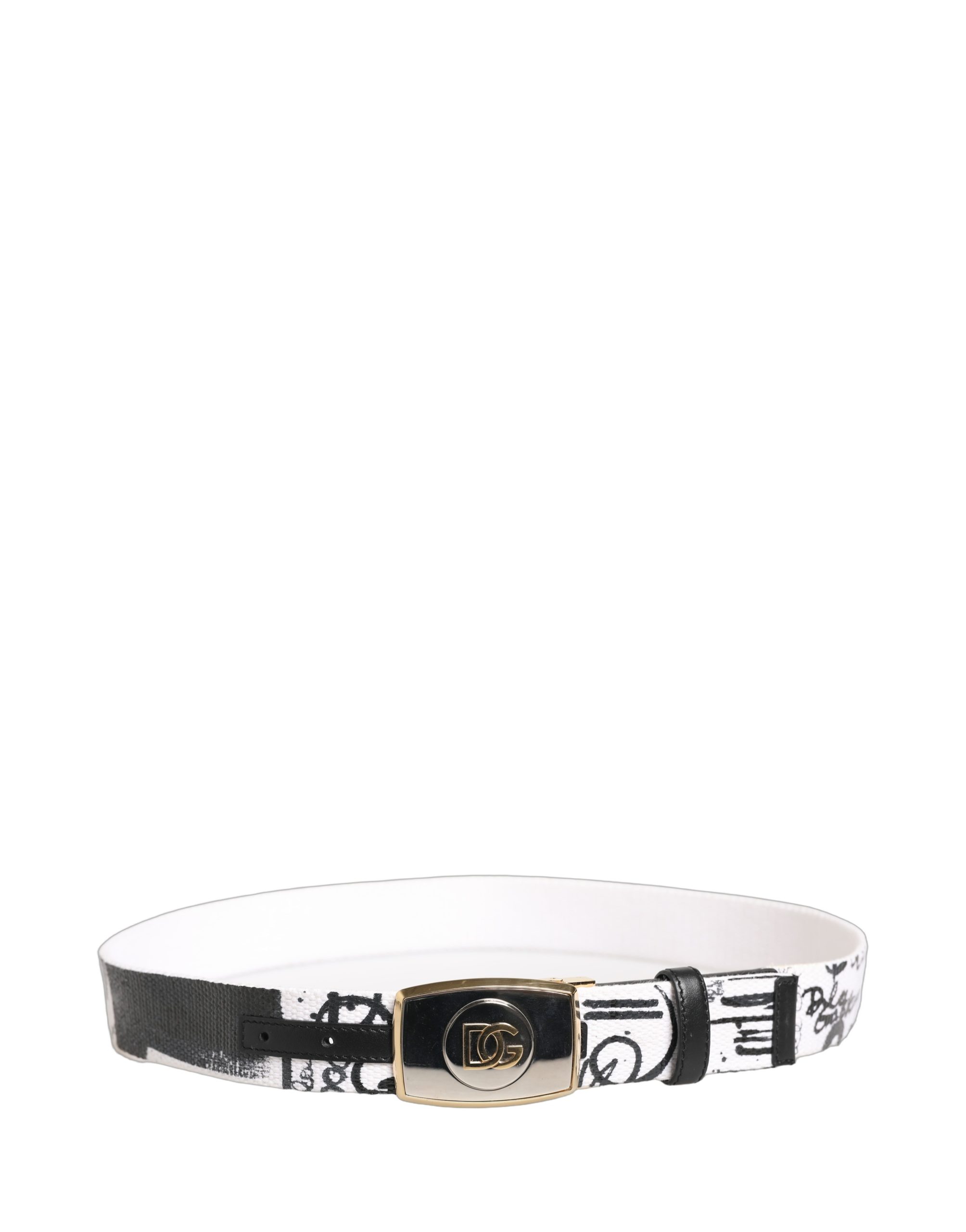 Dolce & Gabbana White Graffiti Print Gold Metal Buckle Belt - Image 4