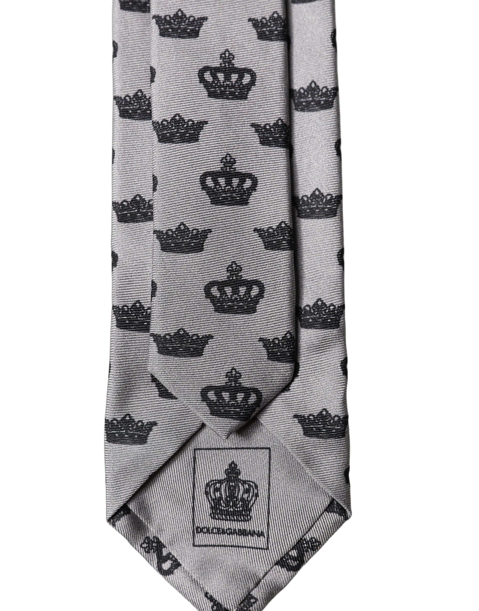 Dolce & Gabbana Gray Crown Fantasy Silk Adjustable Men Tied Necktie Tie - Image 4