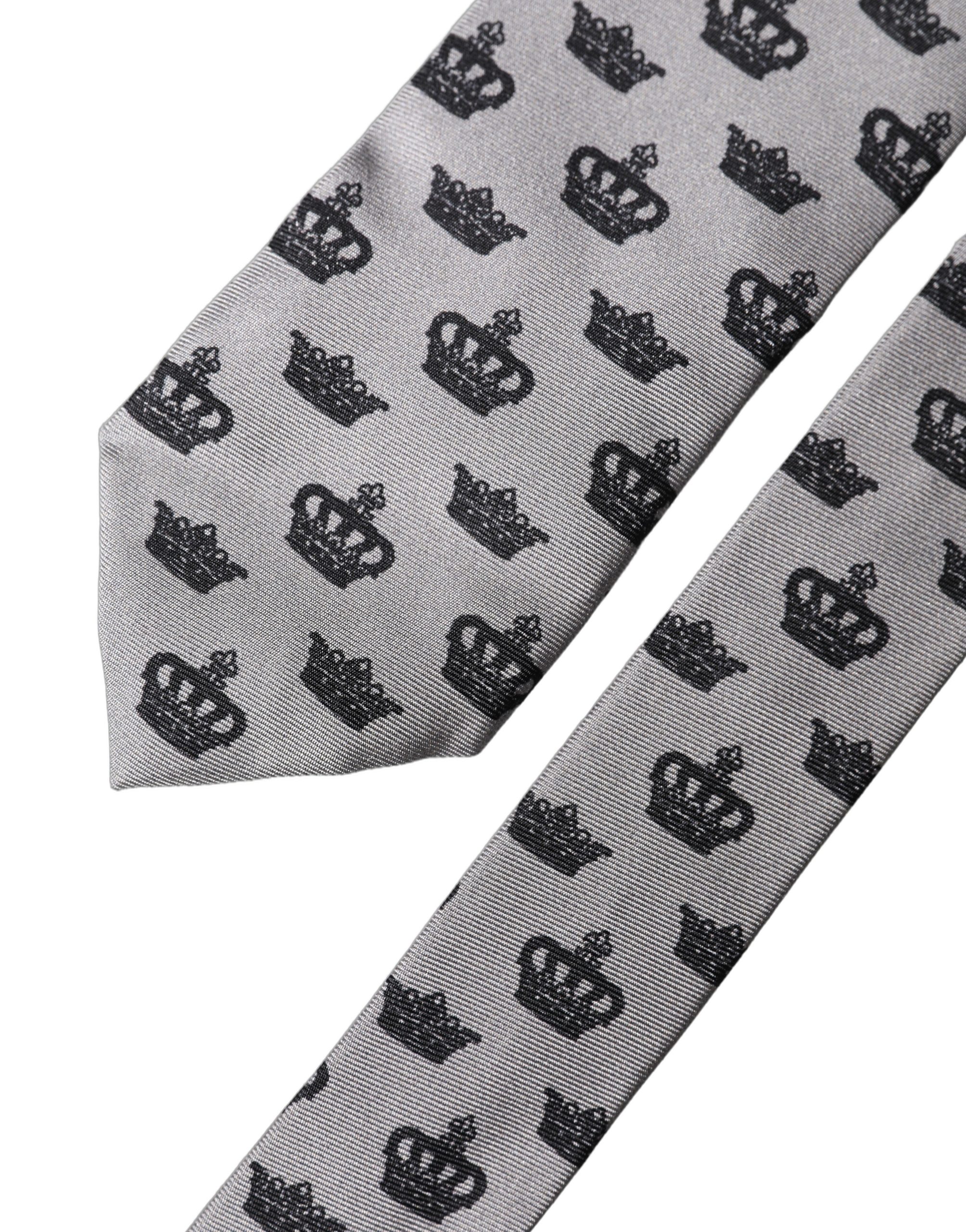 Dolce & Gabbana Gray Crown Fantasy Silk Adjustable Men Tied Necktie Tie - Image 5