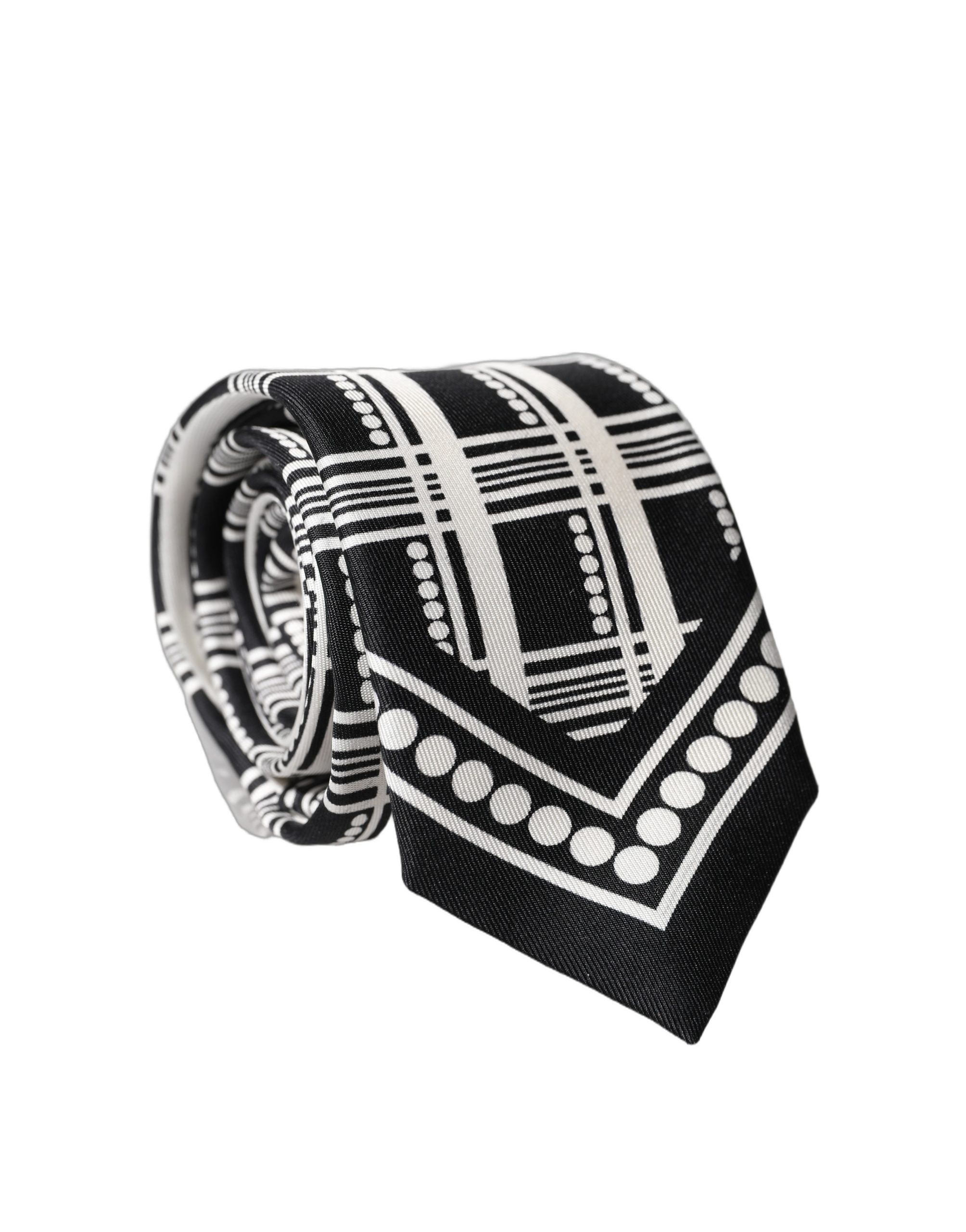 Dolce & Gabbana Black White Abstract Silk Adjustable Men Tied Necktie Tie - Image 2