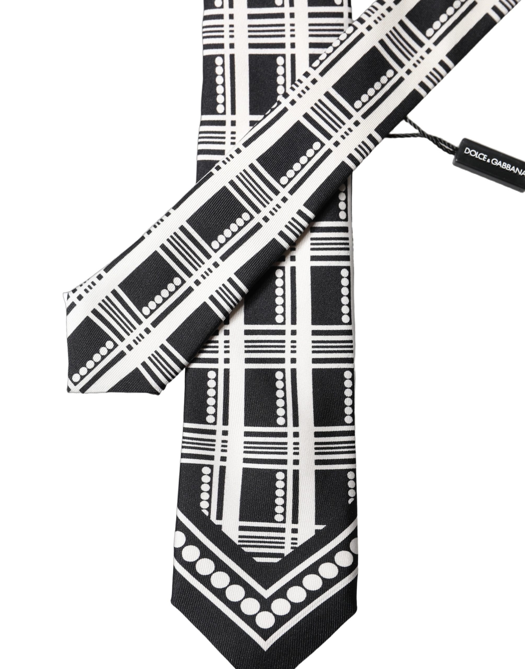 Dolce & Gabbana Black White Abstract Silk Adjustable Men Tied Necktie Tie - Image 4